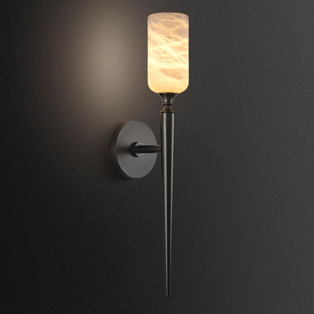 JISHUBO Modern Style Alabaster Wall Light, G9 Light Source Black Metal Wall Lamp, Natural Marble Wall Sconce, Restaurant Living Room Bedroom Wall Mounted Lighting Fixtures