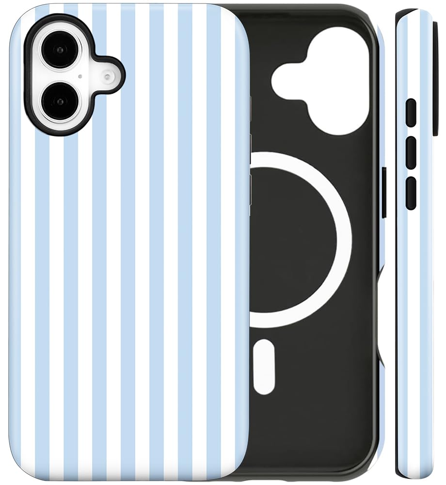 flewfun Magnetic for iPhone 16 Plus Case Cute Stripes Phone Case, Shockproof Slim TPU and Hard PC Protective Phone Cover Compatible with MagSafe Designed for Women Girls, Blue and White