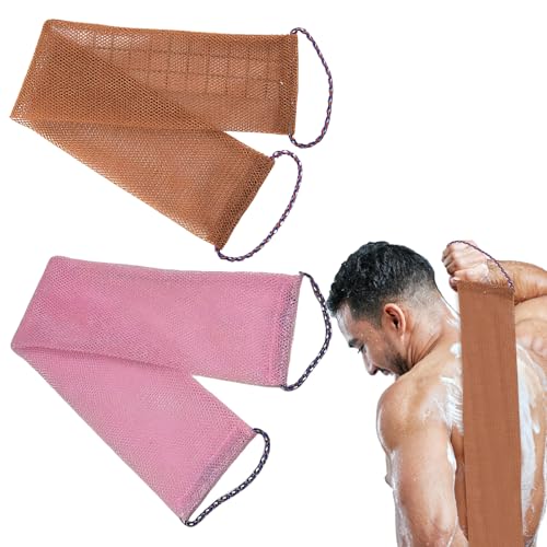 Upgraded 2-PCS African Net Sponge – Exfoliating Bath Sponge & Body Scrubber, Stretchable Nylon Mesh for Deep Cleansing & Rich Lather, Hypoallergenic Shower Net for Men & Women (Pink + Brown)