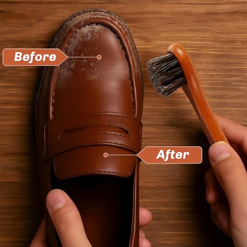 Image of 4 Pcs Horsehair Shine Shoes Brush Kit Polish Dauber Applicators Cleaning Leather Shoes Boots Care Brushes Suede Cleaner Brush with Microfiber Shoe Cloth(Brown Handle B)