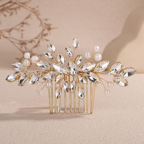 Peine de boda con perlas y cristales dorado miniatura 2
