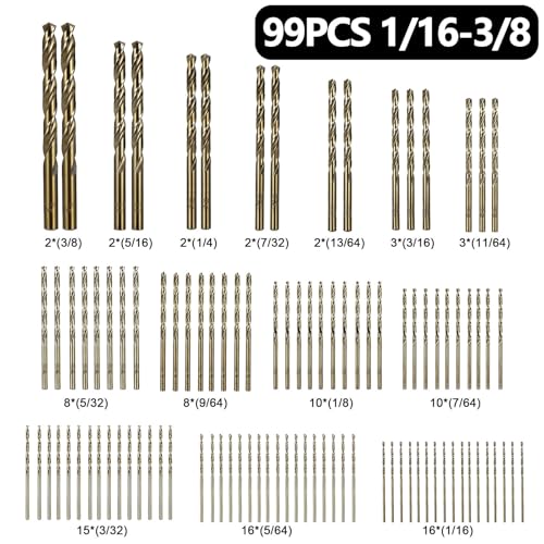 Cobalt Drill Bit Set for Hardened Metal and Stainless Steel, 99Pcs M35 High Speed Steel Twist Jobber Metal Drill Bits 1/16"-3/8", with Plastic Index Storage Case