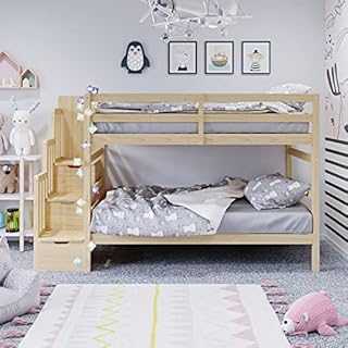 Solid Pine Wood Triple Bunk Bed with Storage Staircase Children's Room Furniture (Natural)