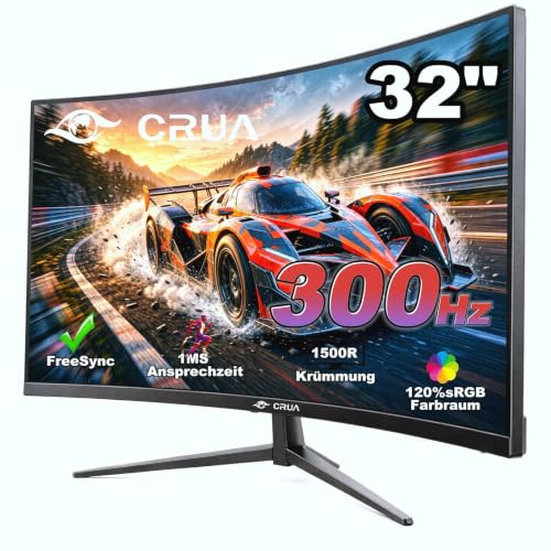CRUA 32 Zoll Curved Gaming Monitor, QHD 2560x1440P, 300Hz, 1ms, 1500R VA Panel, 120% sRGB, AMD FreeSync, HDMI & DisplayPort, Ultra-Wide PC Monitor für Gaming & Office, Wandmontage - Schwarz