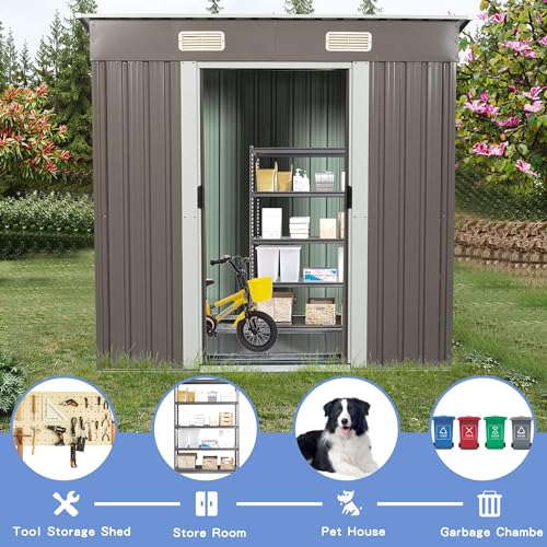 6X4-FT-Outdoor-Storage-Shed-Waterproof-Metal-Garden-Sheds-with-Lockable-Door-Steel-Tool-Storage-Buildings-Shed-Outdoor-Storage-House-for-Garden-Backyard-Patio-Lawn-Trash-CansGray 6X4 FT Outdoor Storage Shed Waterproof Metal Garden Sheds with Lockable Door Steel Tool Storage Buildings Shed Outdoor Storage House for Garden Backyard Patio Lawn Trash CansGray