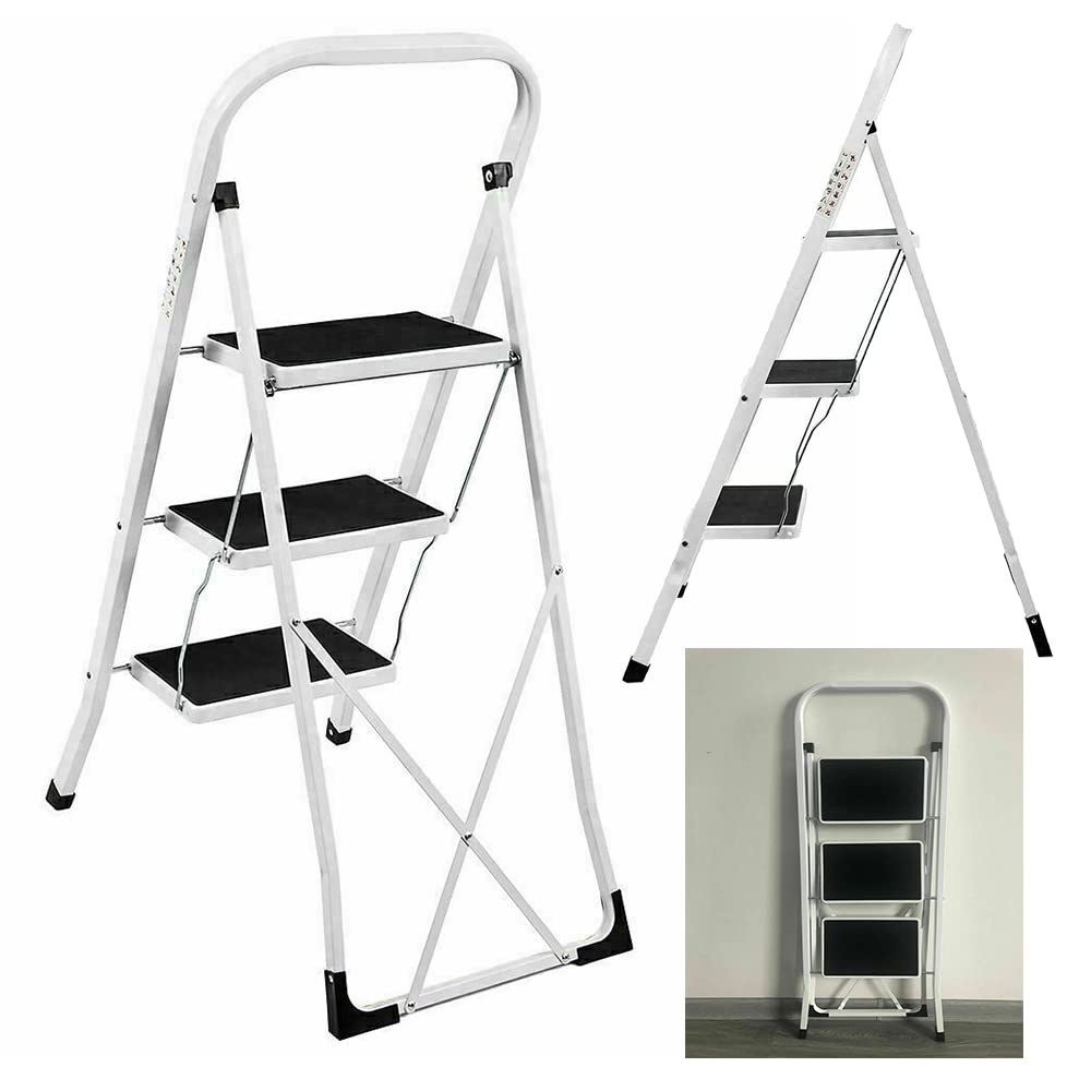 Escalera de 3 niveles, 3 niveles, capacidad de carga de hasta 150 kg, portátil, plegable, de acero, con plataforma antideslizante, para casa, cocina, oficina, bricolaje, taburete de seguridad