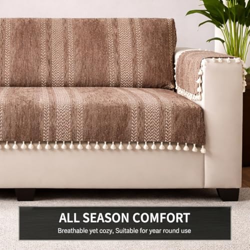 Image of STITCHNEST Chenille Printed Sofa Cover 1 Seater with 2 Hand Rest Covers - Washable Beige Sofa Cover with Tassels - Durable Premium Fabric - Stylish Sofa Protector for Living Room & Furniture Decor