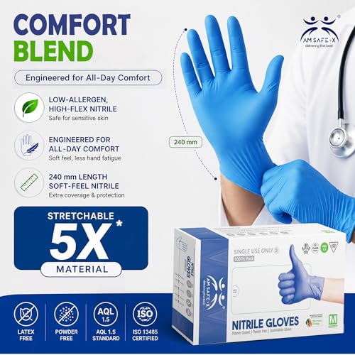 Image of AM Safe X Powder Free Blue Nitrile Gloves for Hands 2000pcs | Pack of 20 | Food Grade Heavy Duty Disposable Multipurpose Gloves|Cleaning, Kitchen, Tattoo, Salon, Automotive & Examination Gloves Medium