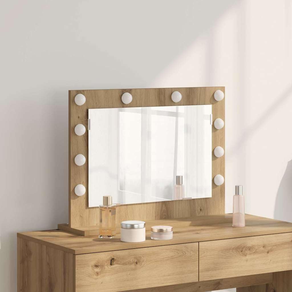 Espejo de tocador de roble Artisan, 60 x 45 x 18 cm, ángulo recto con tira LED alimentado por USB, espejo de maquillaje para dormitorio, baño, pasillo y armario