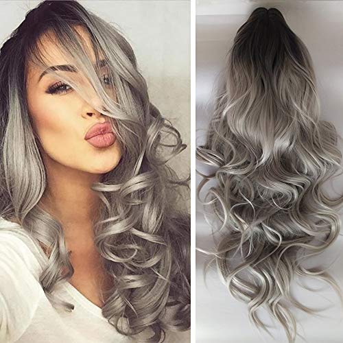 Ombre Gray Synthetic Wigs For Women 22 Inch Long Hair Wavy Wig Heat Resistant Fiber Natural Dark Black Roots Sliver Grey White For Daily Cosplay Party With Net Cap