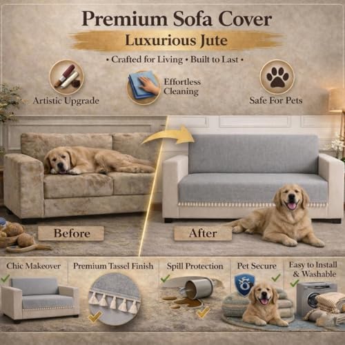Image of STITCHNEST Jute Sofa Cover - Grey, 70x60 Inch | Soft Textured Fabric with Tassel| Full Coverage Sofa for Living Room Decor