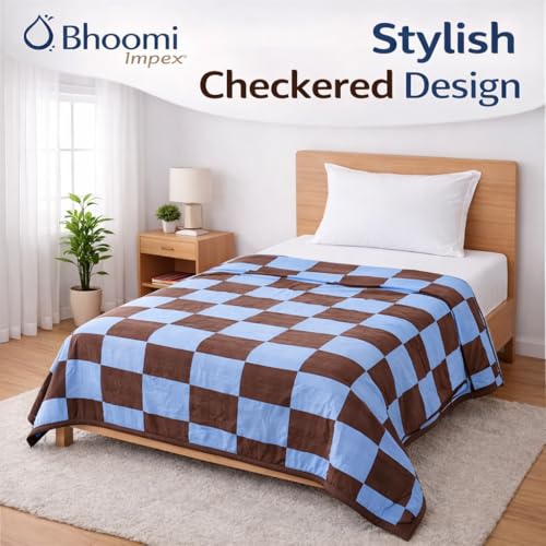 Image of Single Bed Dohar Blue Brown Checkered | Lightweight Summer Quilt | Cotton AC Blanket | Breathable All Season Comforter | Skin Friendly Bed Cover