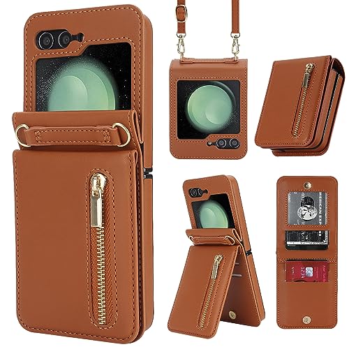 ZHOZEXIN Kompatibel mit Samsung Galaxy Z Flip 5 Stand Stylische Flip Schutztasche aus Leder Brieftasche mit Reißverschluss Kartenfach Geldfach Handytasche mit Kordel für Galaxy Z Flip 5 (Braun)