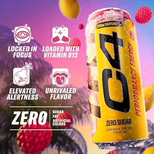 Image of C4 Performance Energy Drink, Pink Lemonade - Zero Sugar Carbonated Pre-Workout Energy, 200mg Caffeine with Beta Alanine, 16 Fl Oz Cans (12 Pack)