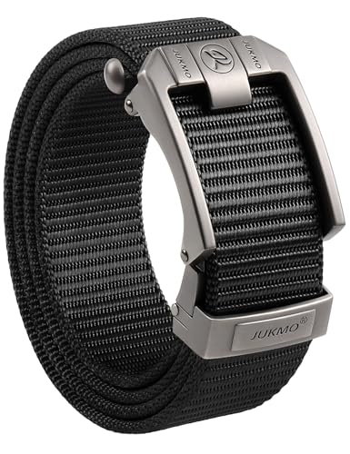 JUKMO Ratchet Belt for Men, Nylon Web Tactical Belt with Automatic Slide Buckle, Adjustable Trim to Fit