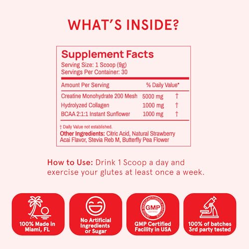 Peach Perfect Creatine Monohydrate Powder, Glute Builder Creatine for Women with Collagen, BCAAs, 5g Vegan Micronized Creatine per Serving, for Energy, Muscle Support, 30 SVG, Strawberry Acai - Thumbnail 4
