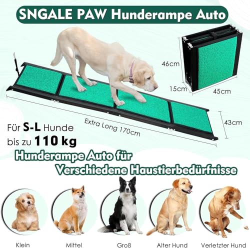 170cm Hunderampe,Hunderampe Auto Klappbar mit Rutschfester Teppichoberfläche,Hundetreppe Auto für SUVs, LKWs & Outdoor Treppen, Tragbare & Langlebige Hunderampe Auto für Große Hunde bis 110kg