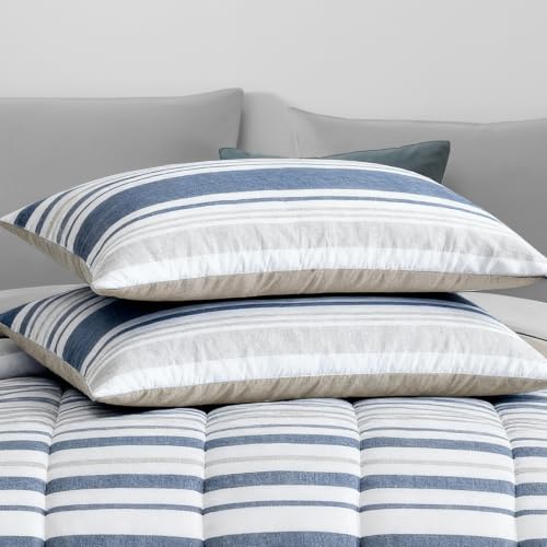 Image of Monbix Queen Comforter Set - 7 Pieces Bed in a Bag Queen, Ocean Blue-Stripe Bedding Sets, All Seasons Comforter Bed Set with Sheets, Pillowcases & Shams