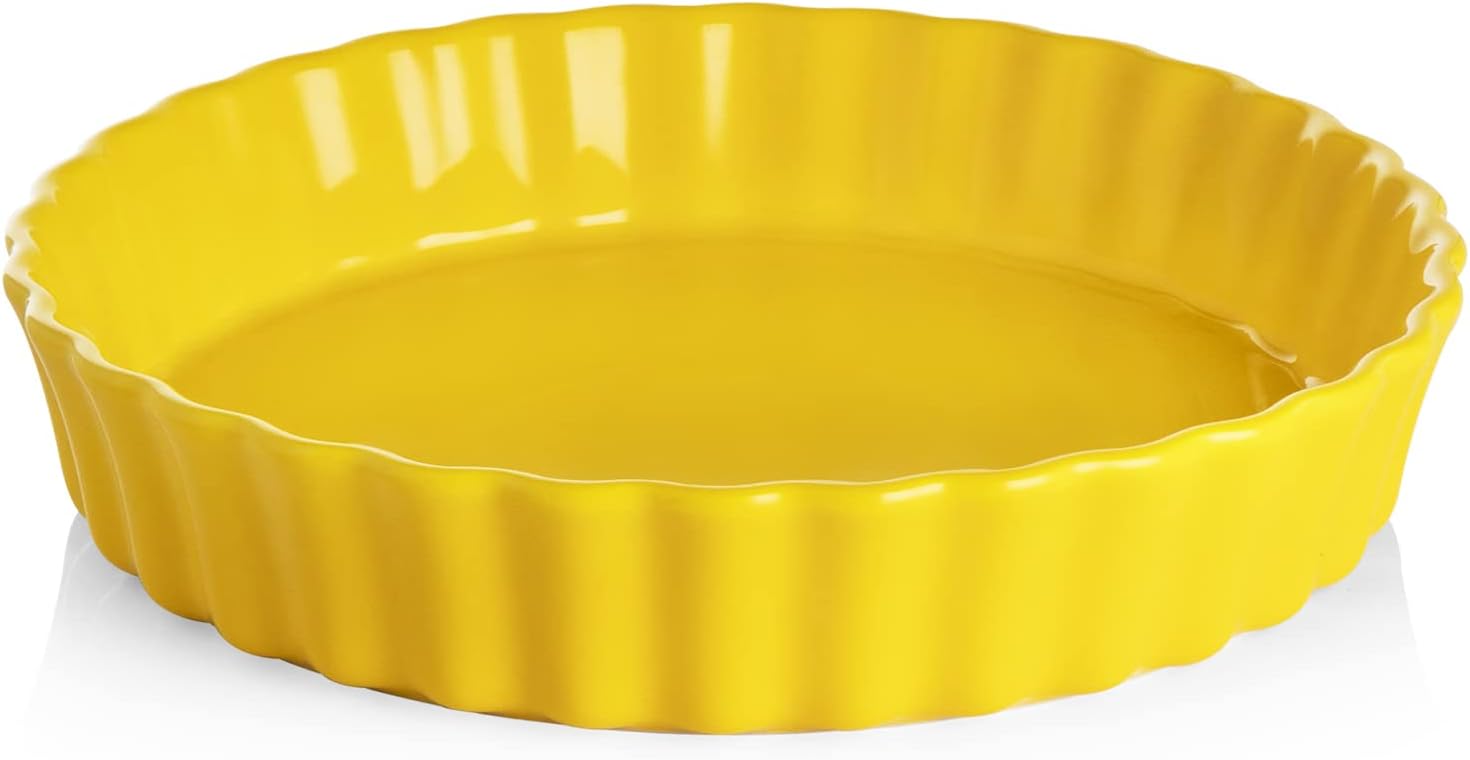 Sweejar Ceramic Pie Pan for Baking, 9.5 Inches Round Wavelet Fringe Pie Dish, Non-Stick Pie Plate for Pumpkin Pie, Apple Pie, Pie Pots (Yellow)