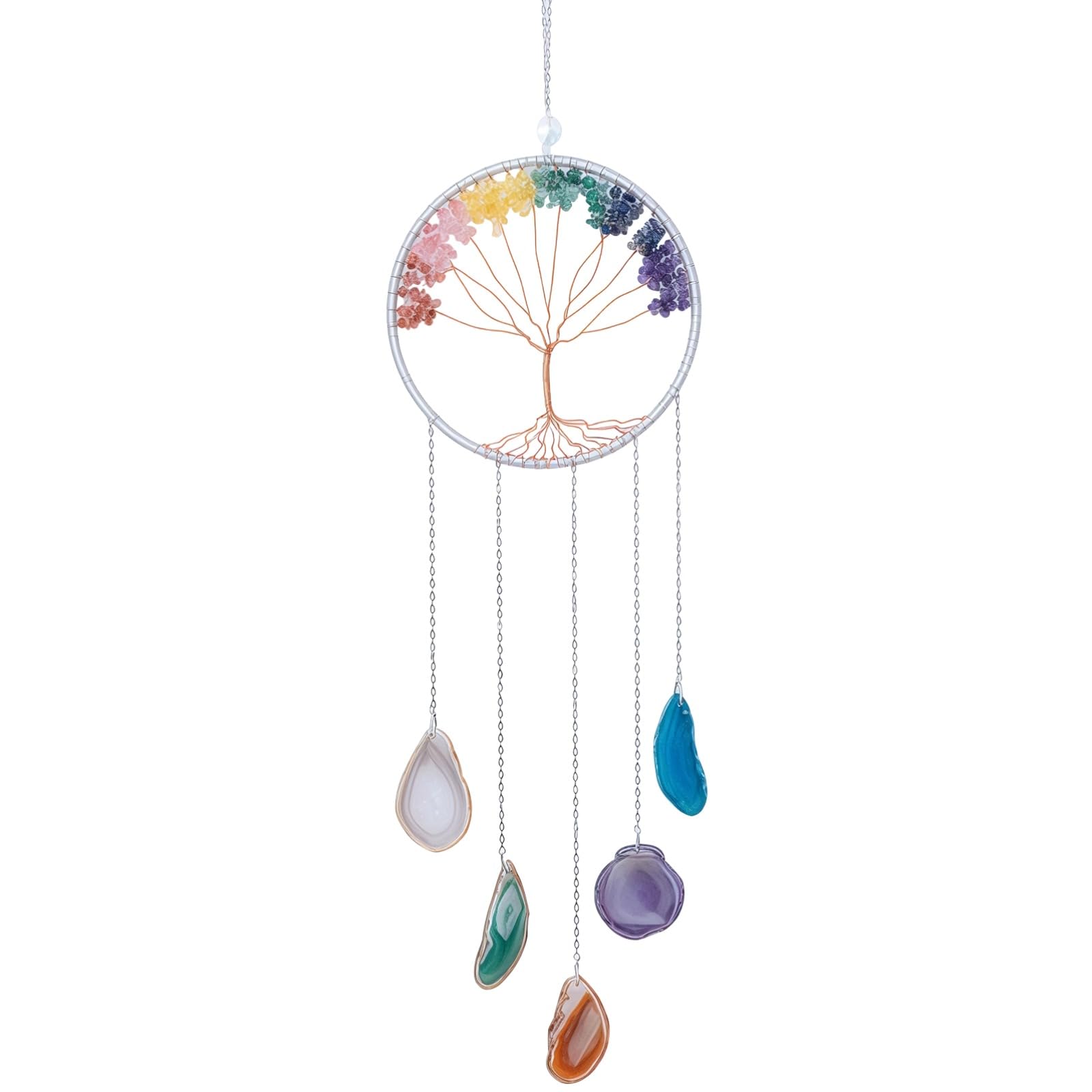 Traumfänger Wanddeko, Regenbogen Lebensbaum Kristallkunst, 60 cm handgefertigter Anhänger mit Achat und siebenfarbigen Steinen, Deko für Schlafzimmer und Wohnzimmer