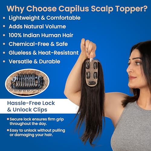 Image of Capilus 100% Human Hair Extensions for Women, Clip in Scalp Topper /Hair Topper, Silk Based- (2X5 inch, 22 Inches, Natural Black)