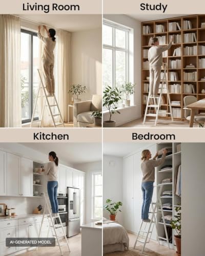 Image of SOLADDER 5 Step Ladder, Folding Step Stool, Lightweight Stepladder, White