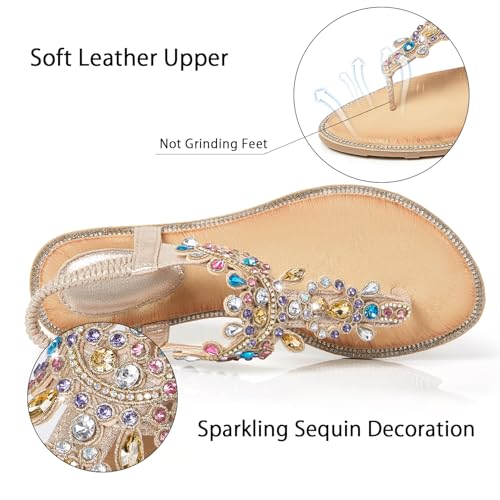 Image of iCKER Women Flat Thong Sandals Rhinestone Sparkly Boho Elastic Ankle Strap | Non‑slip,Matches Summer Dresses,for Vacation,Wedding,Evening and Festival