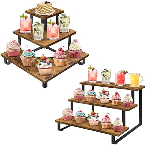 ELITEROO Wooden Risers Display Stands Set, Portable 3 Tierd Shelves Stair Step Shelf Tower Stand for Retail Tabletop, Countertop, Craft Shows, Farmers Market, Tradeshows, Vendors (Corner + Straight ) Cover