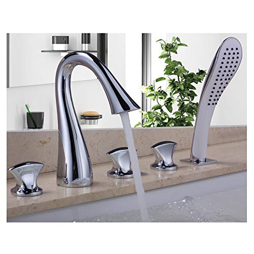 Robinet de baignoire avec douche à main mitigeur eau chaude froide laiton chromé 5 trous