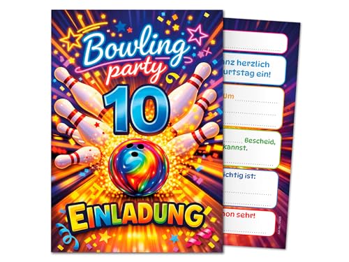 JuNa-Experten 8 tarjetas de invitación para 10 cumpleaños infantiles, bolos, niñas, niños, bolos, invitación de décimo cumpleaños, bolos, invitaciones de cumpleaños, cumpleaños de niñas, niños