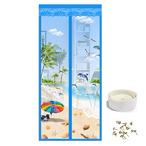 Magnetic Fly Screen Door Heavy Duty Windproof Anti Mosquito Mesh Curtain with Magic Tape No Punch Lace Decorative Embroidery Pattern Curtain Keeps Bugs & Insects Out (90x210CM, Island Scenery)
