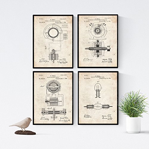 SENZA CORNICE Nacnic set 4 Stampe artistiche su sfondo vintage brevetto macchinari energia elettrica. progetto iniziale per produzione energia elettrica. vecchi brevetti. oggetti d\'antiquariato. macchinari d\'epoca.