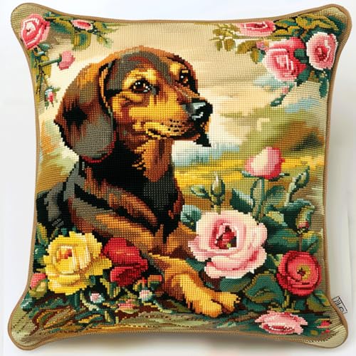 Taxpy Kit Completo de Funda de Cojín con Gancho de Cierre, Perro entre las flores Kit de Funda de Almohada, Cojines de Ganchillo para Adultos y Principiantes, Decoración Del Hogar, 43x43cm
