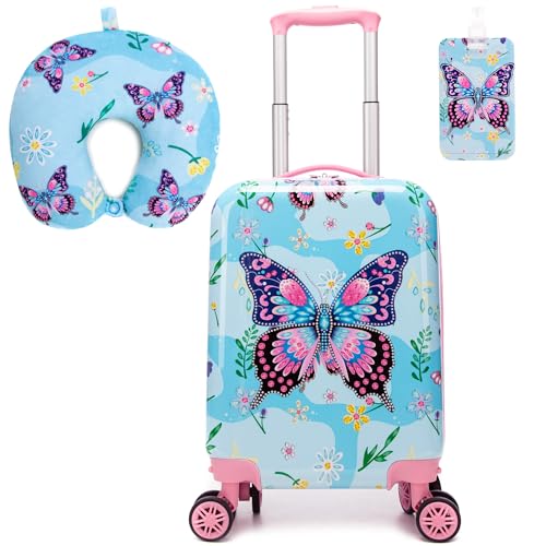 Image of Kids Luggage Sets 2 Piece Rolling Suitcases with Wheels for Girls Hardshell Toddler Suitcase Set with Neck Pillow Airplane 16 Inch Kids' Carry on Luggage Blue Butterfly