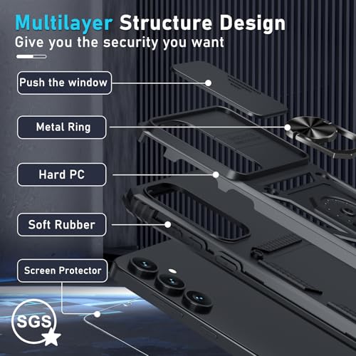 Image of Janmitta Compatible with Samsung Galaxy S25 FE Case Built in Slide Camera Lens Cover+Screen Protector+Finger Ring Holder Kickstand,Heavy Duty Shockproof Full Body Phone Cover,2025 Black