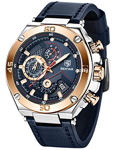 BENYAR Men's Watches Fashion Quartz Top Brand Wrist Watch Analog Chronograph Business Waterproof and Scratch Resistant Genuine Leather Strap Casual Sports Watches for Men (Golden Blue)