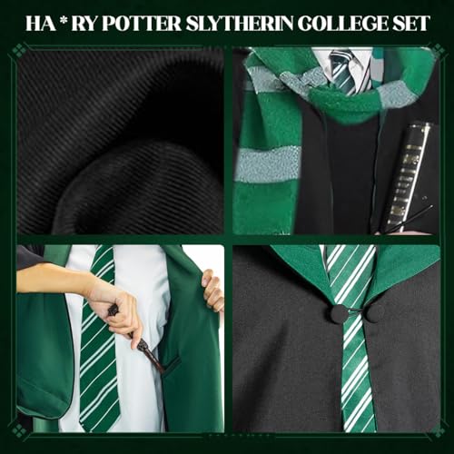 Image of PATPAT Harry Costume Cloak Cosplay Robe for Women Men, House of Slytherrin Outfit Set with Tie, Wand & Round Glasses, Magic Wizards Halloween Costume for Teens Adults, Compatible with Size M