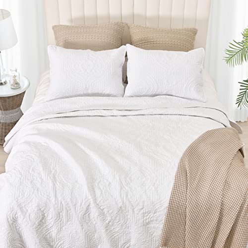 Phf Lightweight Summer Quilt Set Full Queen Size, 3Pcs Ultra Soft Ultrasonic Paisley Pattern Coverlets For All Season, Drop Nicely Bedspread 90" X 96"With 2 Pillow Shams, White #TOP2
