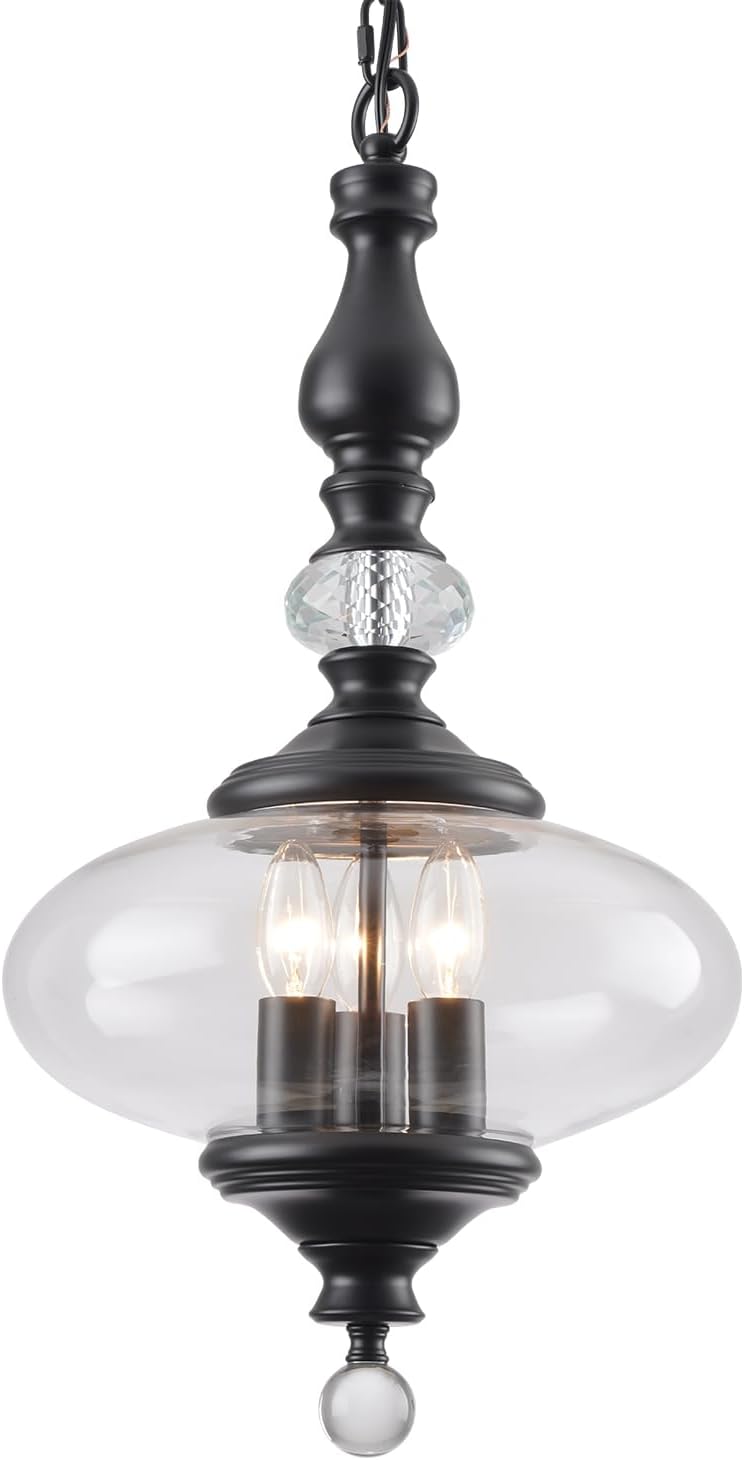 Farmhouse Pendant Light Black Kitchen Island Pendant Light Vintage Glass Pendant Light 11.8 Inch Wide for Dining Room, Hallway, Entryway, Adjustable Hanging Height. Black 3-light