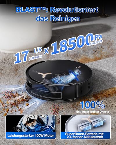 ECOVACS DEEBOT T50 MAX PRO Omni Gen2 Saugroboter mit Wischfunktion, 18.500Pa, ZeroTangle 2.0, Tiefenreinigung f&uuml;r Teppiche, Ausfahrbare Seitenb&uuml;rste & Wischmodul, Hei&szlig;wasser-Reinigung 40-75℃, Schwarz