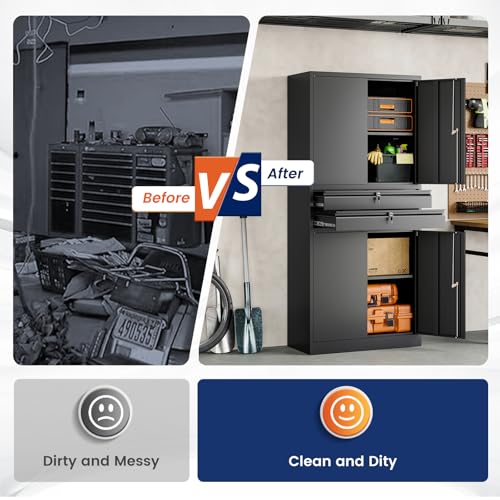 Image of Yizosh Metal Garage Storage Cabinet with Locking Doors and Adjustable Shelves, 71 inch Tool Storage Cabinet with 2 Drawer for Garage,Warehouse