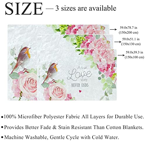 Couverture de lit moelleuse rose avec fleurs et oiseaux pour lit fille ou garçon