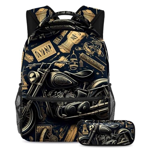 Cartables grande capacité moto vintage lot de 2 sac ado étudiant avec trousse