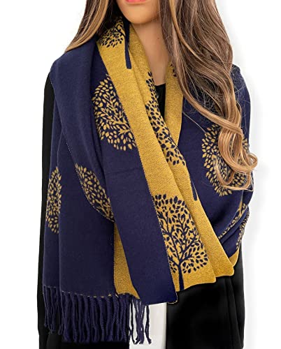 Cashmere Tree Life Blanket Scarf - Reversible Scarf Women Pashmina Shawl, Winter Scarfs Women, Large Wrap, Warm Scarf, Tree of Life Print Ladies Scarves Long Wraps, Womens Gifts (NV Yellow)
