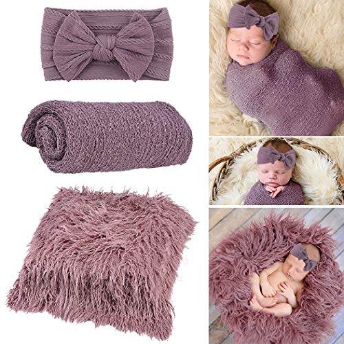 Kapmore Newborn Photography Props, 3PCS Long Ripple Newborn Photography Wraps Blanket Swaddle Wrap Infant Outfits Soft Photography Mat Rug with Baby Headband for Baby Boys Girls
