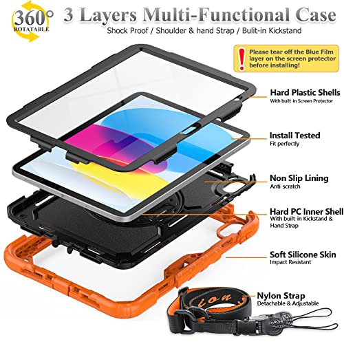Image of SEYMAC stock iPad 10th Generation Case 10.9'', Full-Body Drop Protection Case with Screen Protector Pen Holder [360 Rotate Hand Strap /Stand] for iPad 10th Generation 10.9 inch 2022 (Black+Orange)