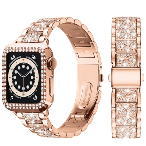 Bracelet Apple Watch 9/8/7 41mm femme métal or rose diamant bling coque