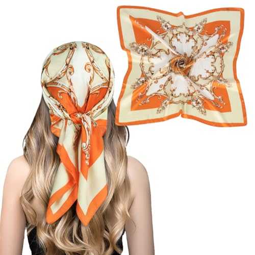 EXTREE Fashion Silky Satin Headscarf for Women Girls: Exquisite Pattern Lightweight Silk Graceful Scarfs 27.5 x 27.5 inches European Round Orange