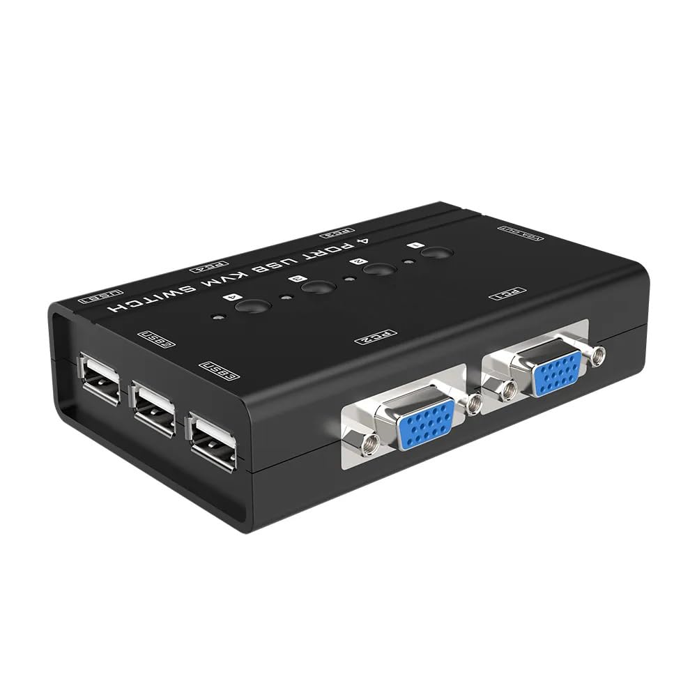 KALEA-INFORMATIQUE KVM Sharing Box Switch für 4 PCs. VGA-Bildschirm, USB-Tastatur und -Maus, mit mitgelieferten KVM-Kabeln.
