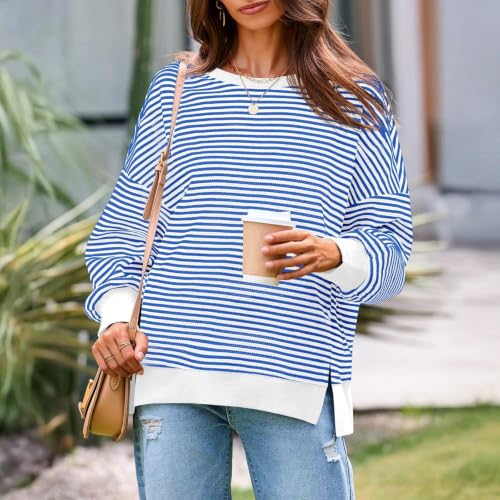 Oversized Striped Shirt Women Waffle Knit Crewneck Long Sleeve Sweatshirt - image 5